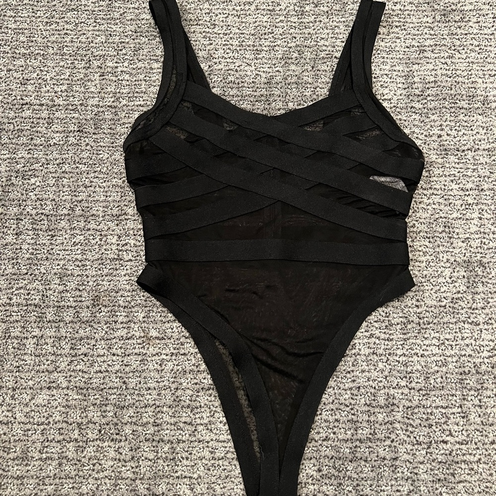 Black Mesh Strappy Thong Bodysuit Forever21 L